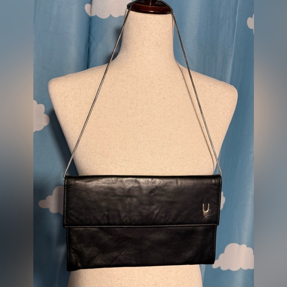 Vintage vinyl small black envelope crossbody with silver tone hardware. Script C